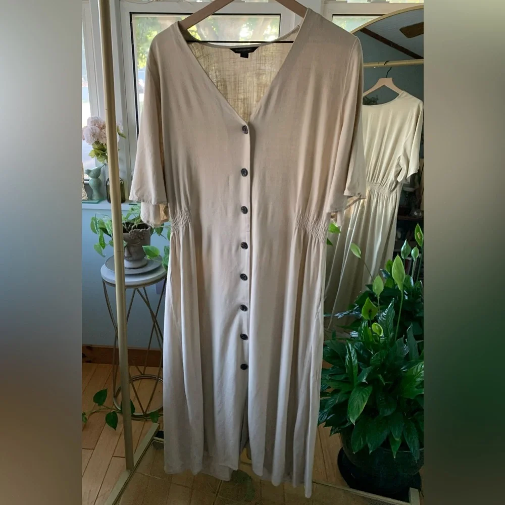 Banana Republic Sand Tan Shirt Dress XL Tall Button Down Short Sleeve Maxi - Picture 2 of 11